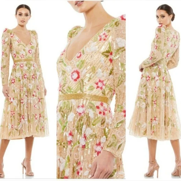 Mac Duggal 5415 Floral Beadwork Long Sleeve Dress